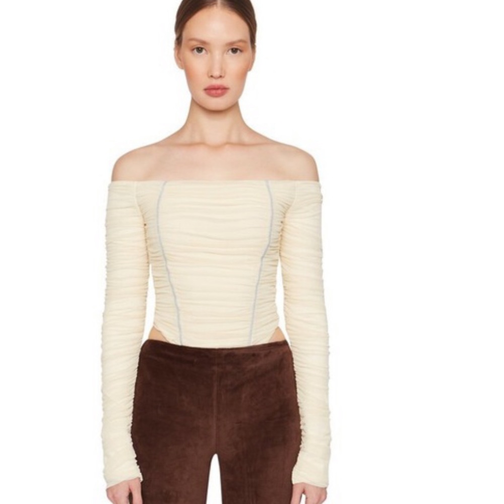 Danielle Guizio Ruched Cream Bodysuit